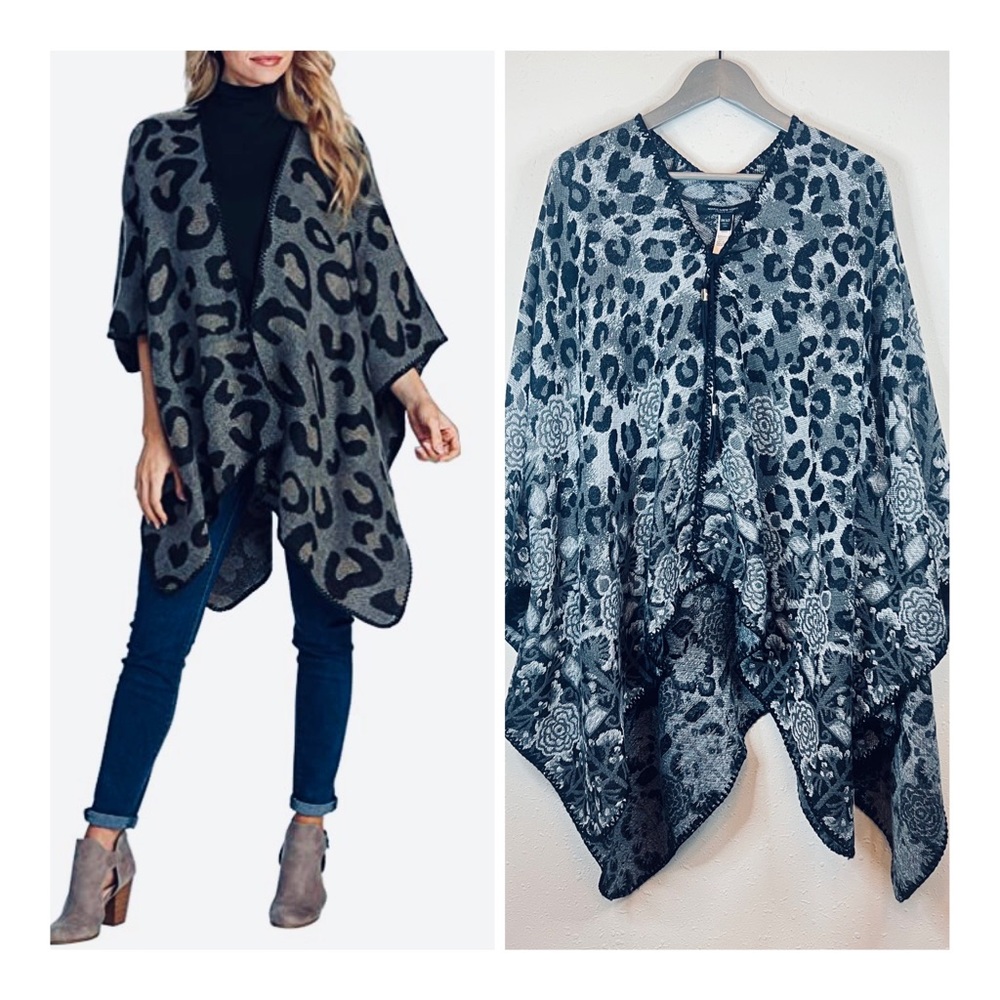 Marc NY Leopard Floral Print Women’s Tassels Black Grey Poncho OS NWT
